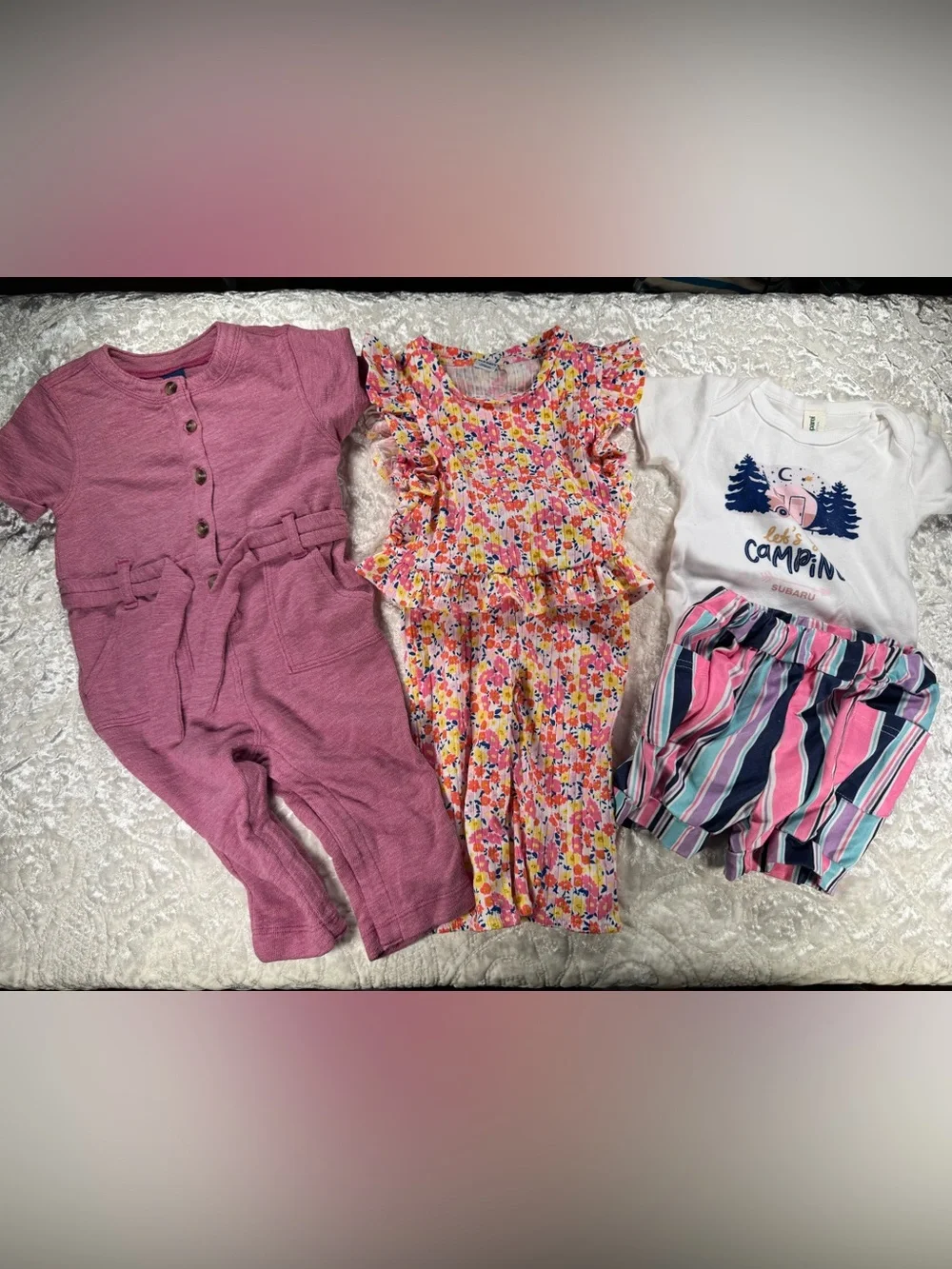 Old Navy/Subaru 3 set Pink Romper, floral two piece and onsie w/shorts